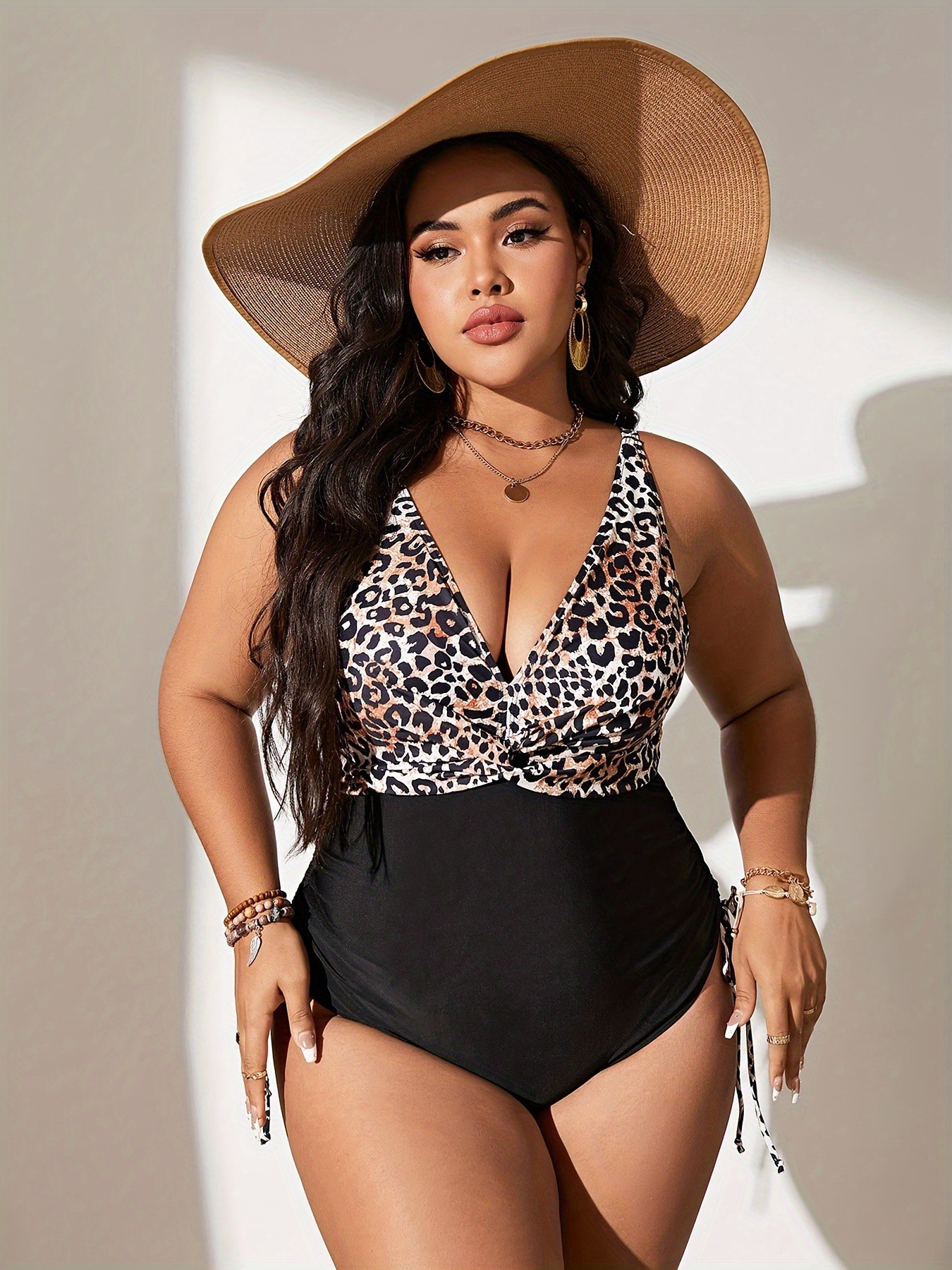 Plus Size Drawstring Side V Neck One Piece Swimsuit  Tummy Control Swimsuit